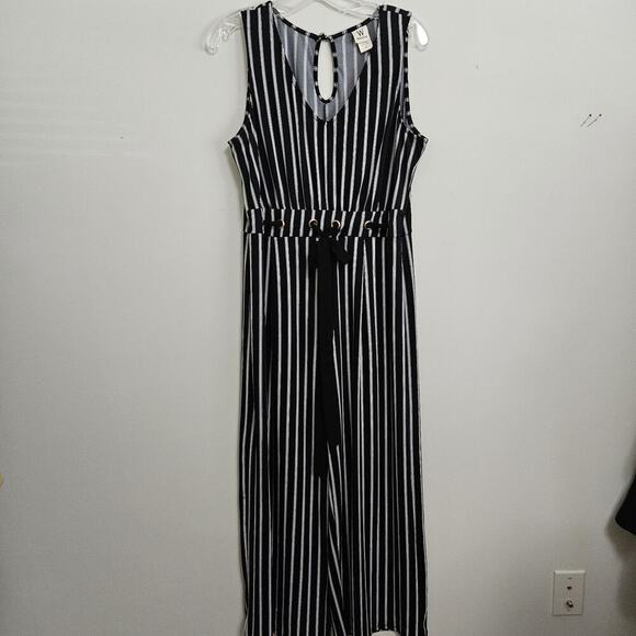 Wrapper Black & White Striped Jumpsuit sz PL Sleeveless V-neck Accent Waistband - Picture 1 of 9